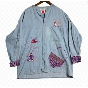 Color Works Red Hat Society Denim Blouse‎ Purple Leopard Print - Size XL